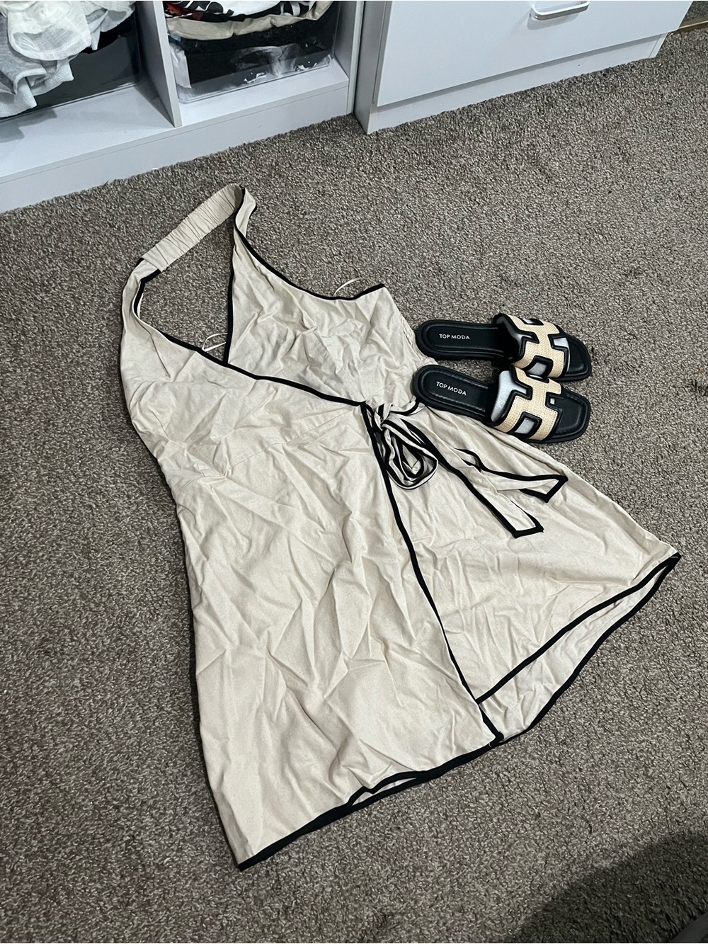 Cream Halter Tie-Waist Dress with Black Trim